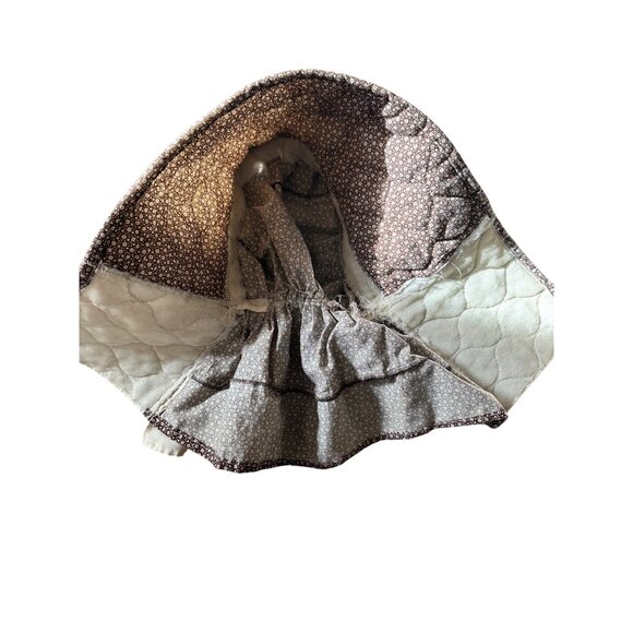 Vintage Handmade Brown Prairie Bonnet Cream Floral Pattern & Ruffle Trim ASO Lit - Picture 7 of 7
